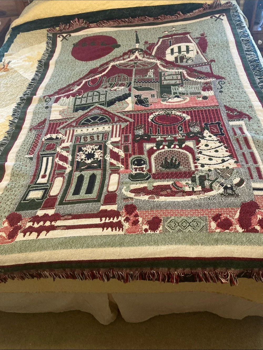 Vtg 1993 MWW  Victorian Christmas House woven tapestry throw blanket fringe